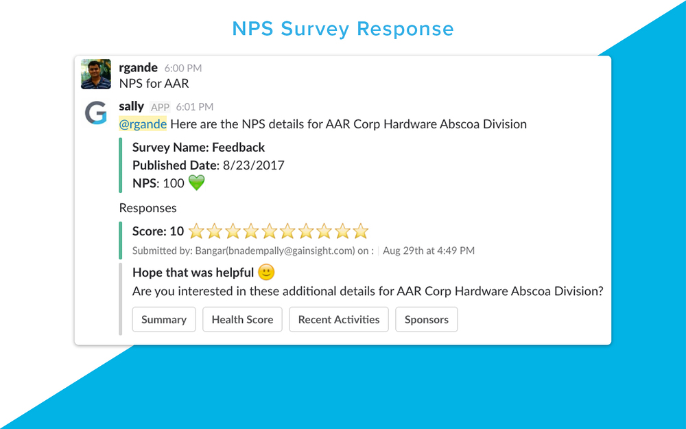Gainsight Sally dashboard view — Sales app on the Slack Marketplace