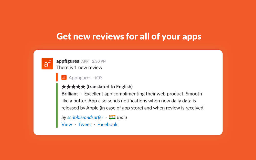 App Monitoring by Appfigures primary marketing image — Marketing app on the Slack Marketplace