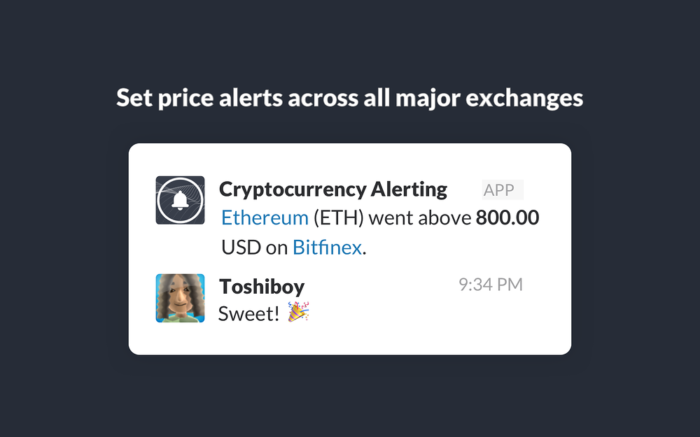 Cryptocurrency Alerting primary marketing image — Finance app on the Slack Marketplace