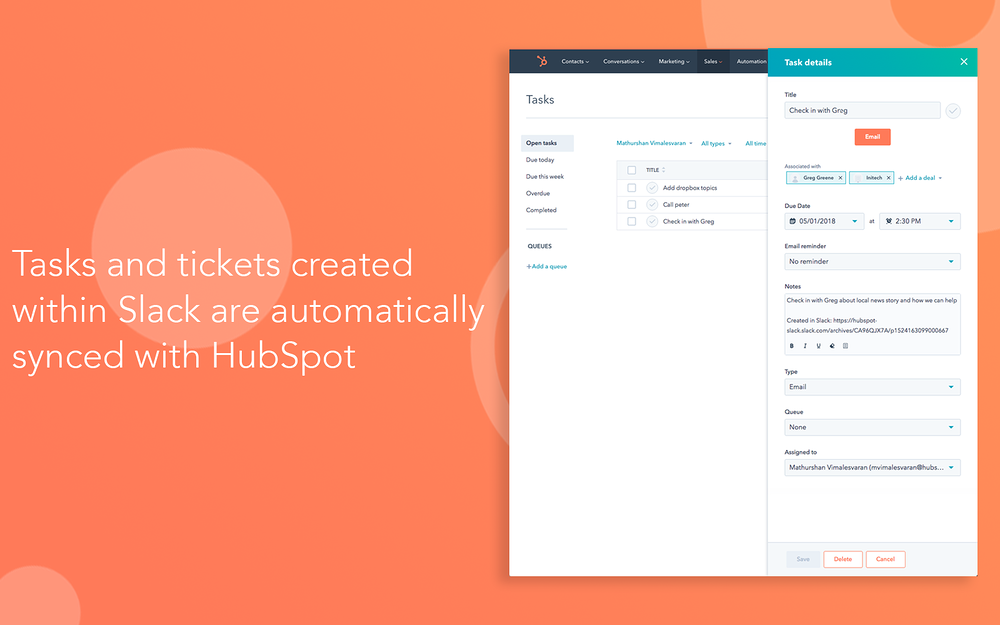 HubSpot feature detail — Customer Support app on the Slack Marketplace