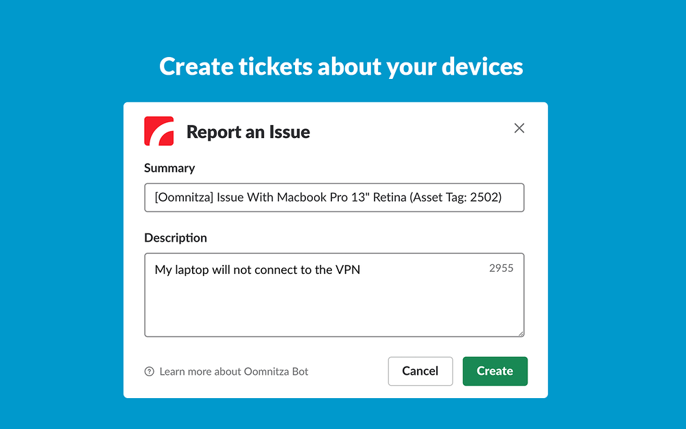 Oomnitza Bot dashboard view — Security & Compliance app on the Slack Marketplace