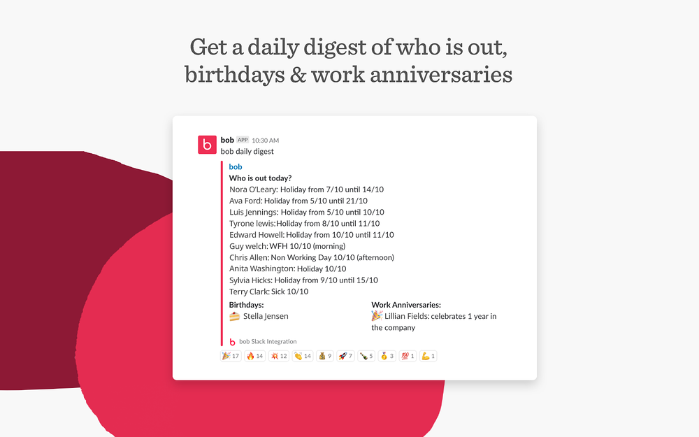 Bob primary marketing image — HR & Team Culture app on the Slack Marketplace