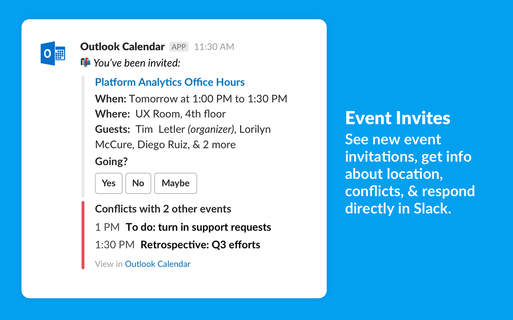 Outlook Calendar settings interface — Office Management app on the Slack Marketplace