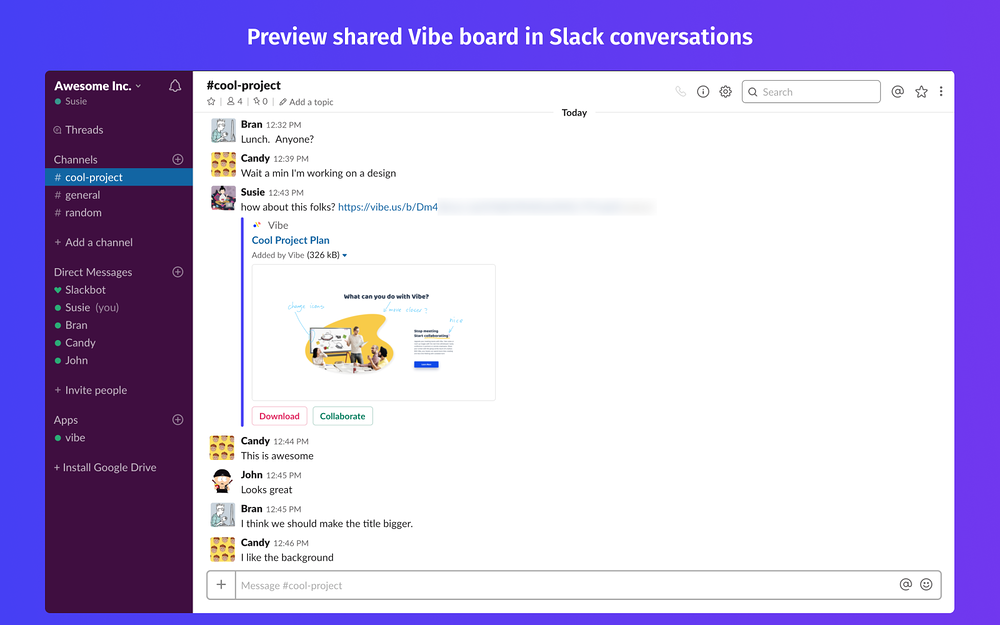 Vibe primary marketing image — Design app on the Slack Marketplace
