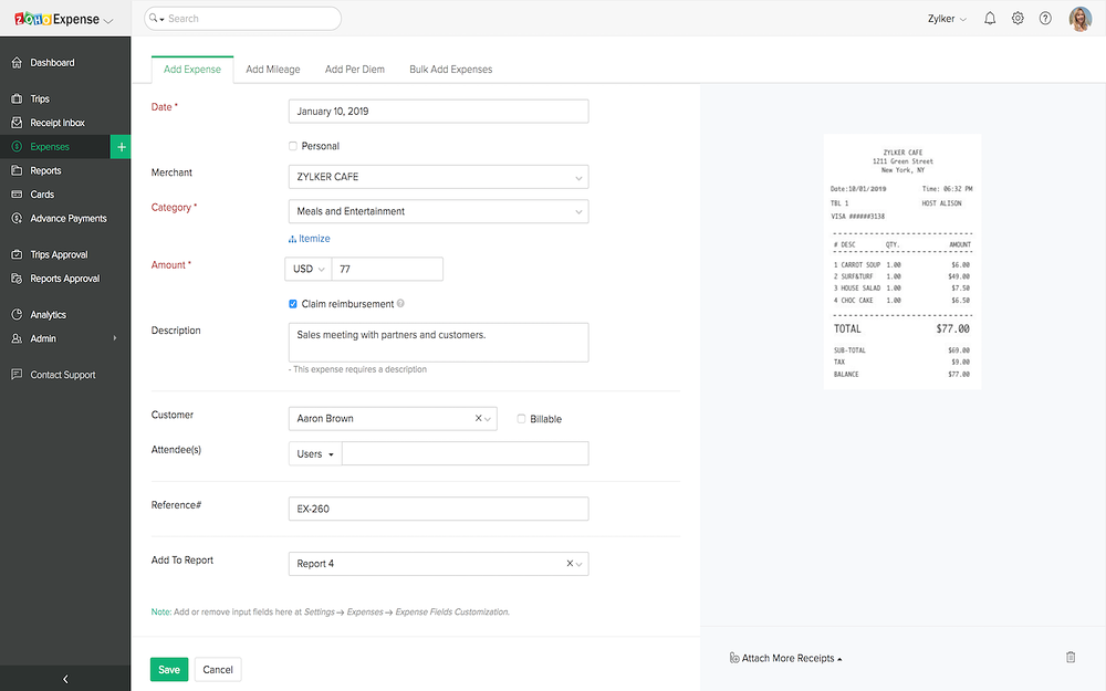 Zoho Expense settings interface — Travel app on the Slack Marketplace