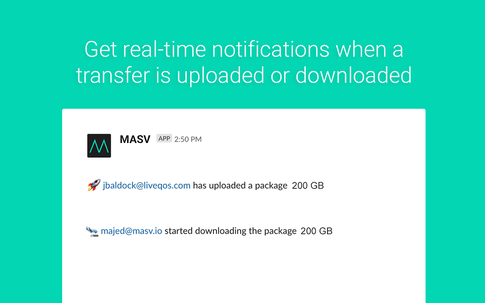 MASV dashboard view — File Management app on the Slack Marketplace