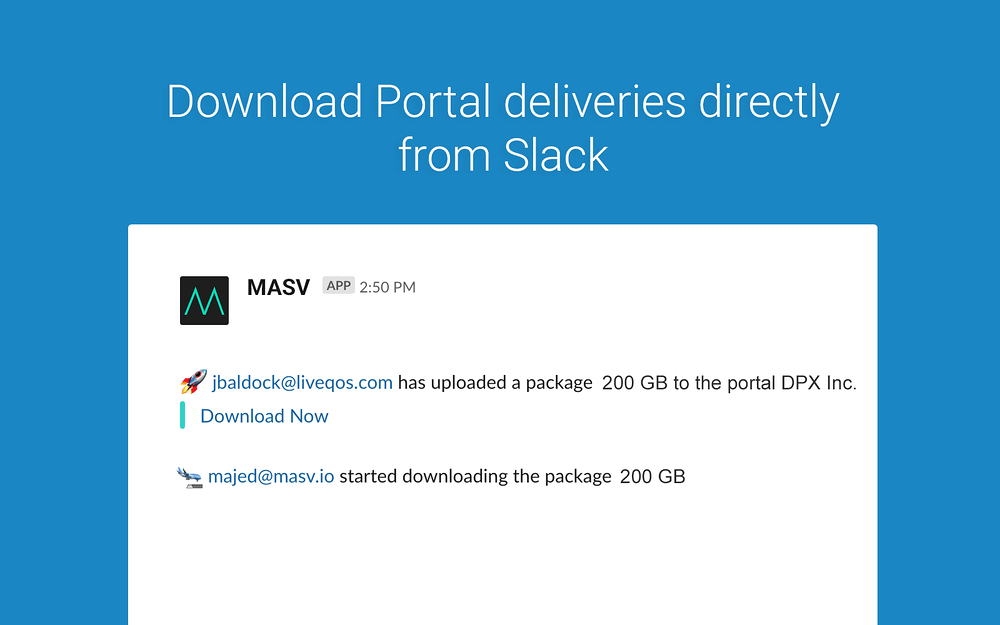 MASV settings interface — File Management app on the Slack Marketplace