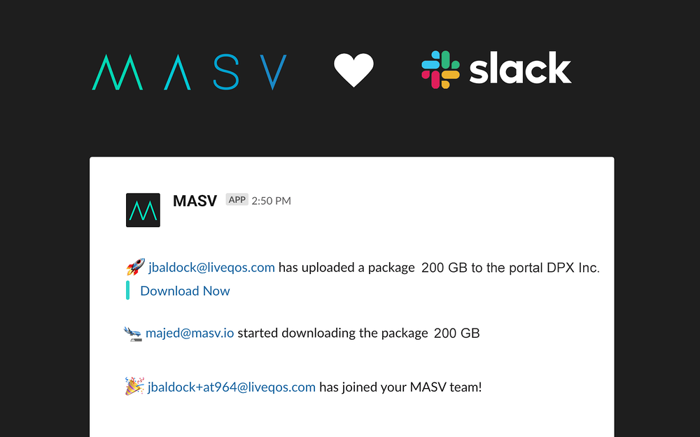 MASV primary marketing image — File Management app on the Slack Marketplace