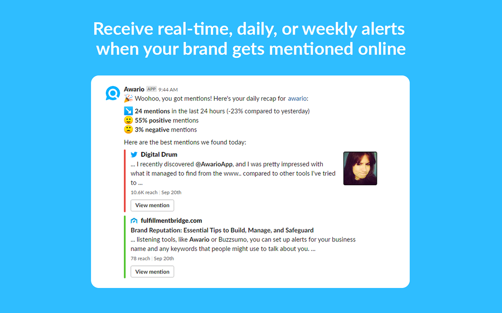 Awario dashboard view — Media & News app on the Slack Marketplace
