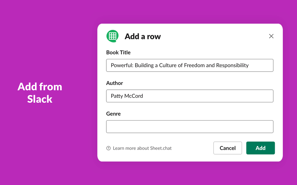 Sheet.chat settings interface — Project Management app on the Slack Marketplace