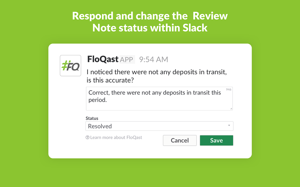 FloQast dashboard view — Finance app on the Slack Marketplace