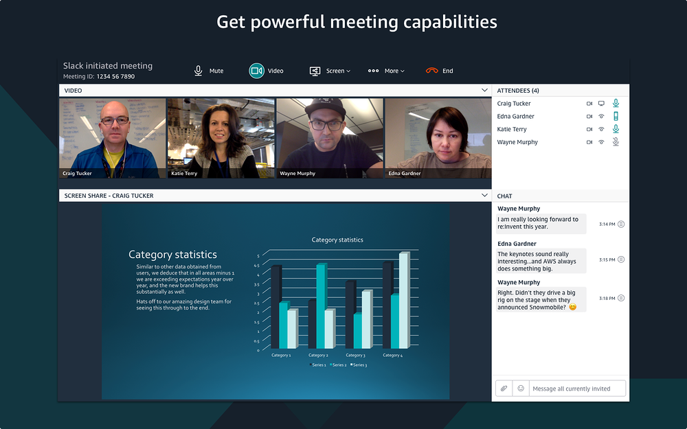 Amazon Chime Meetings feature detail — Voice & Video app on the Slack Marketplace