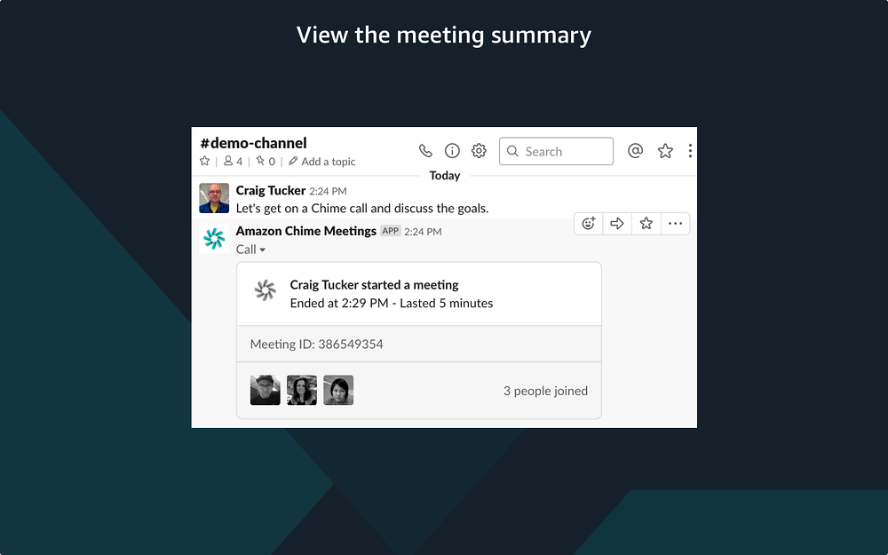 Amazon Chime Meetings settings interface — Voice & Video app on the Slack Marketplace