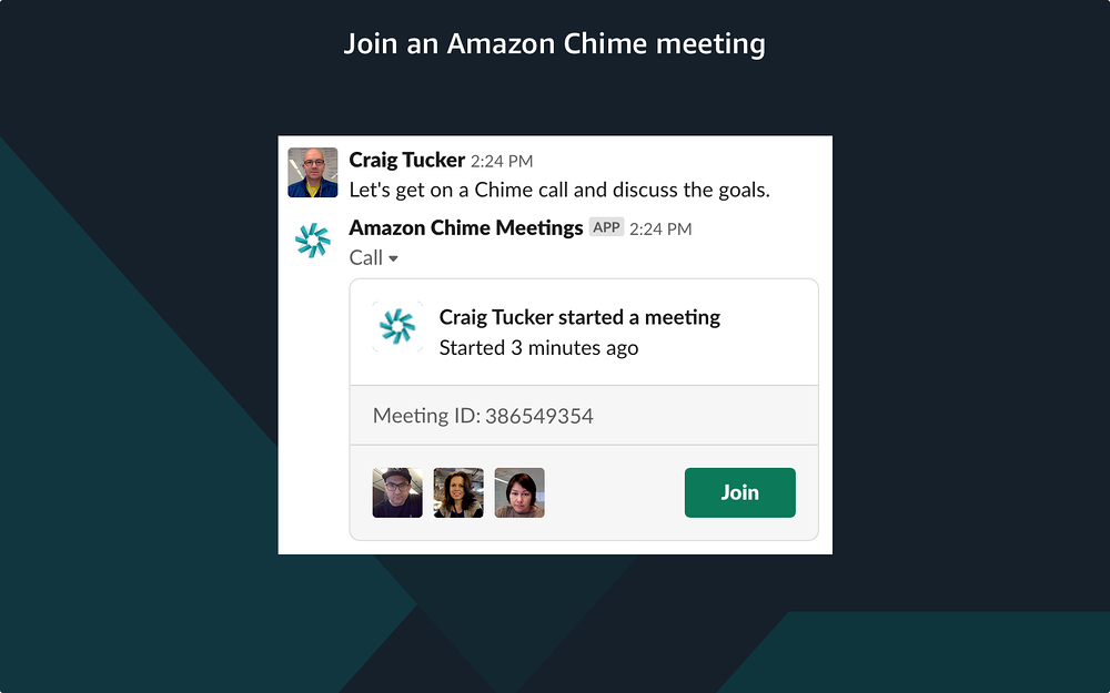 Amazon Chime Meetings dashboard view — Voice & Video app on the Slack Marketplace
