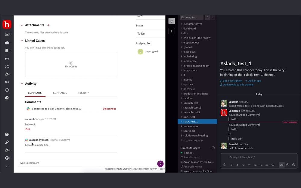 LogicHub Cases dashboard view — Security & Compliance app on the Slack Marketplace
