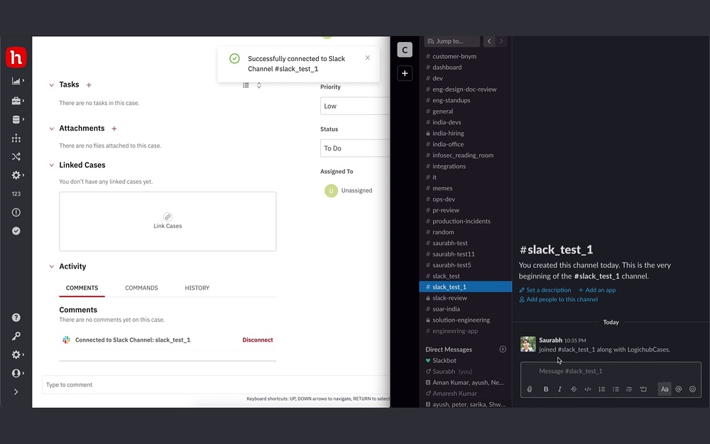 LogicHub Cases feature detail — Security & Compliance app on the Slack Marketplace