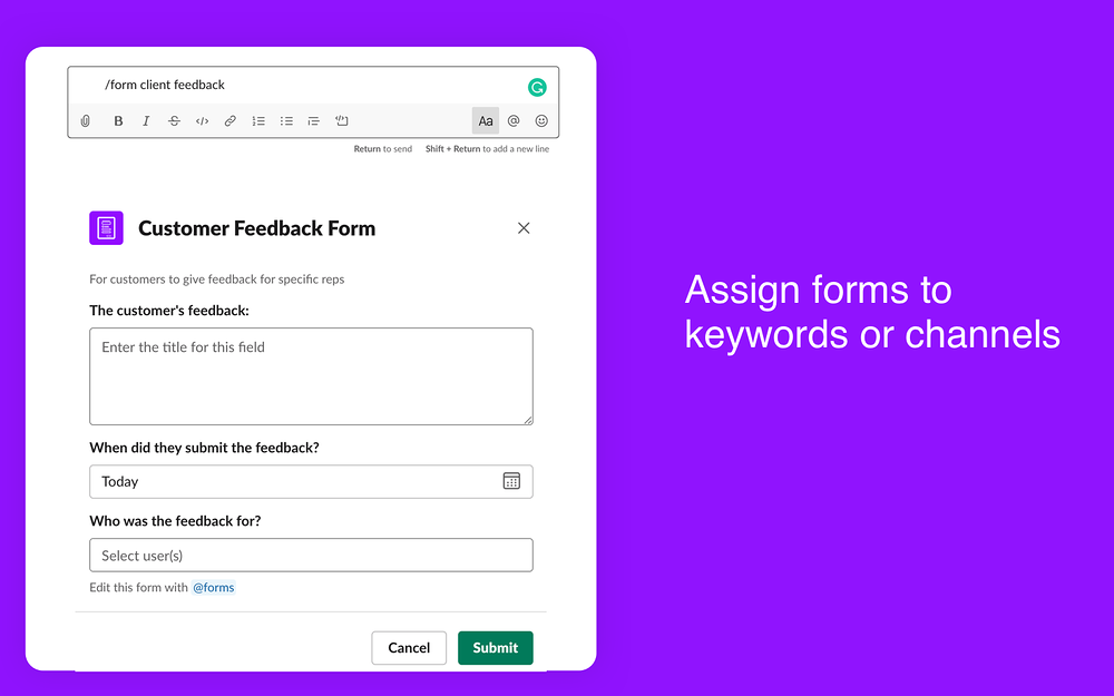 Forms feature detail — Customer Support app on the Slack Marketplace
