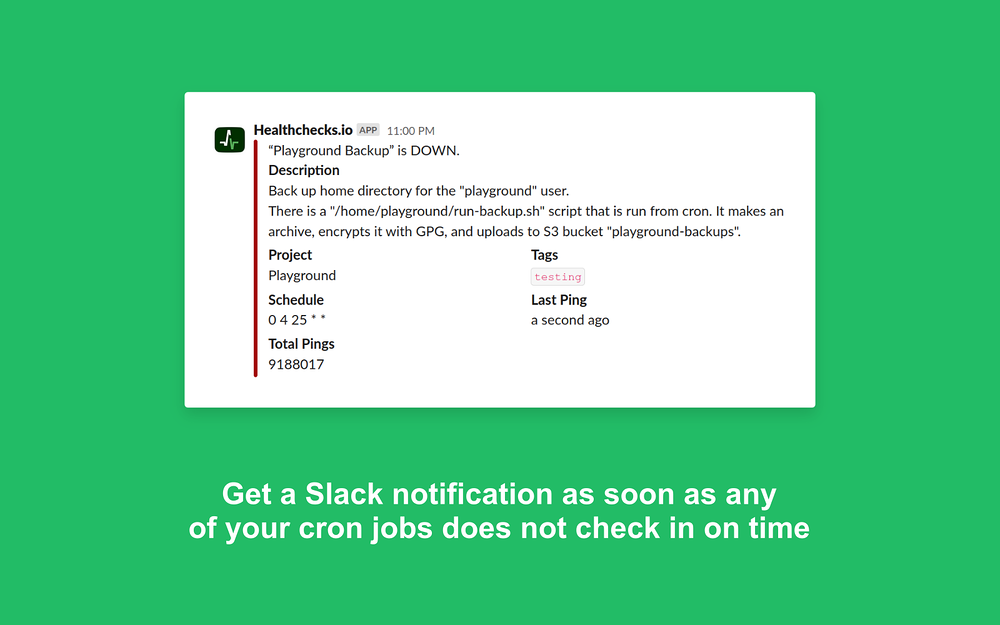 Healthchecks.io feature detail — Security & Compliance app on the Slack Marketplace