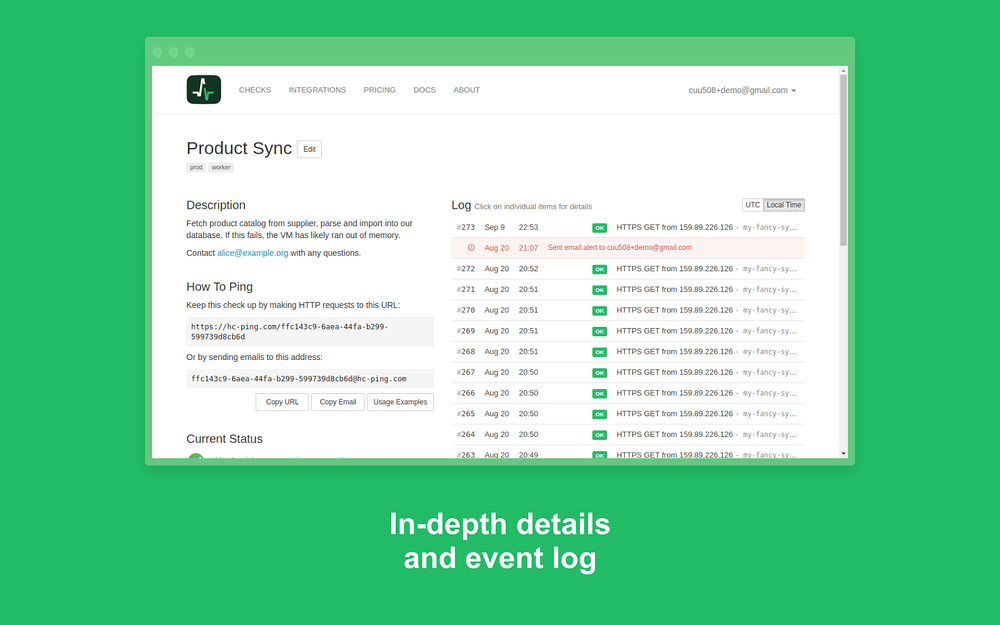 Healthchecks.io dashboard view — Security & Compliance app on the Slack Marketplace