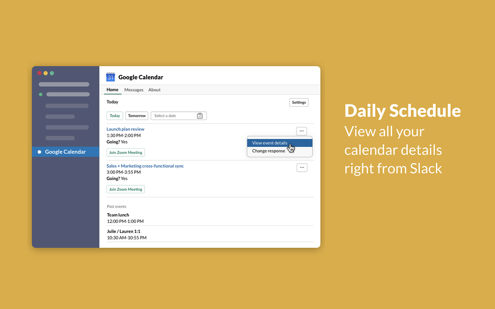 Google Calendar dashboard view — Office Management app on the Slack Marketplace