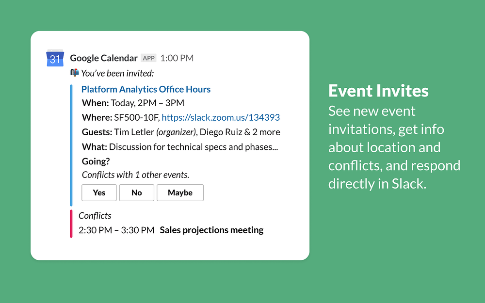 Google Calendar settings interface — Office Management app on the Slack Marketplace