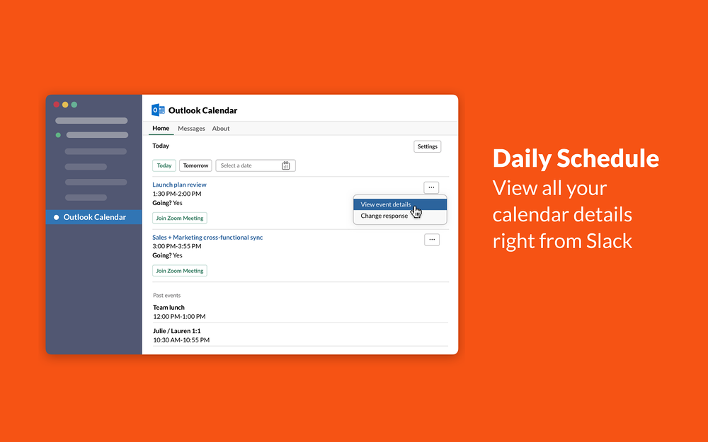 Outlook Calendar dashboard view — Office Management app on the Slack Marketplace