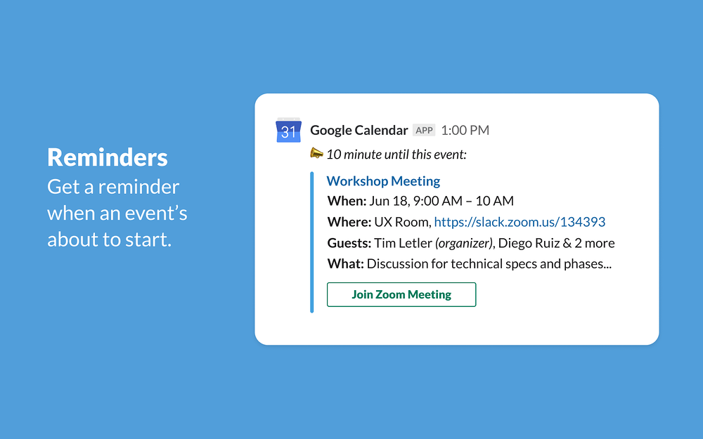 Google Calendar feature detail — Office Management app on the Slack Marketplace