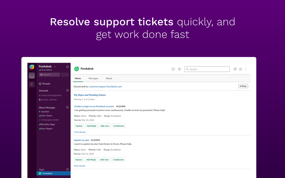 Freshdesk feature detail — Customer Support app on the Slack Marketplace