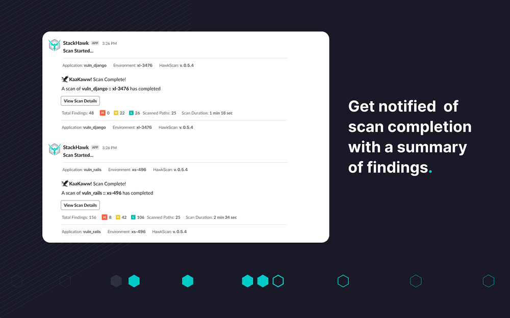 StackHawk dashboard view — Security & Compliance app on the Slack Marketplace
