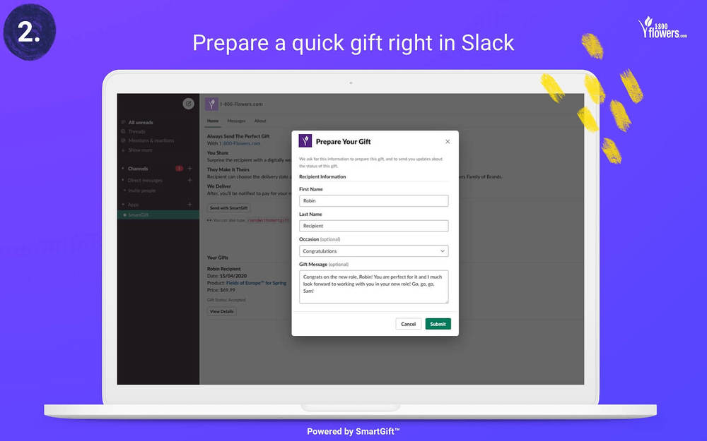 1800Flowers SmartGift dashboard view — Social & Fun app on the Slack Marketplace