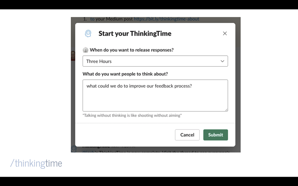 ThinkingTime dashboard view — Communication app on the Slack Marketplace