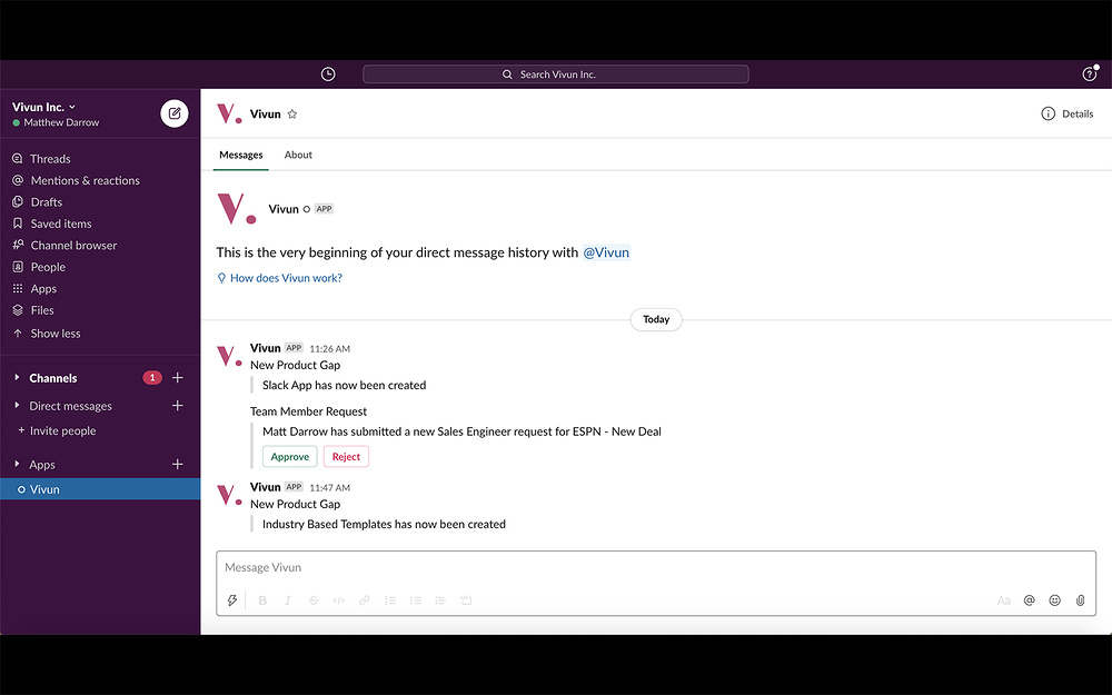 Vivun for Slack dashboard view — Sales app on the Slack Marketplace
