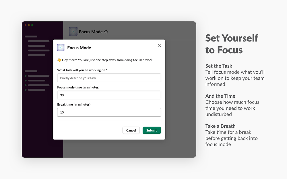 Focus Mode primary marketing image — Project Management app on the Slack Marketplace