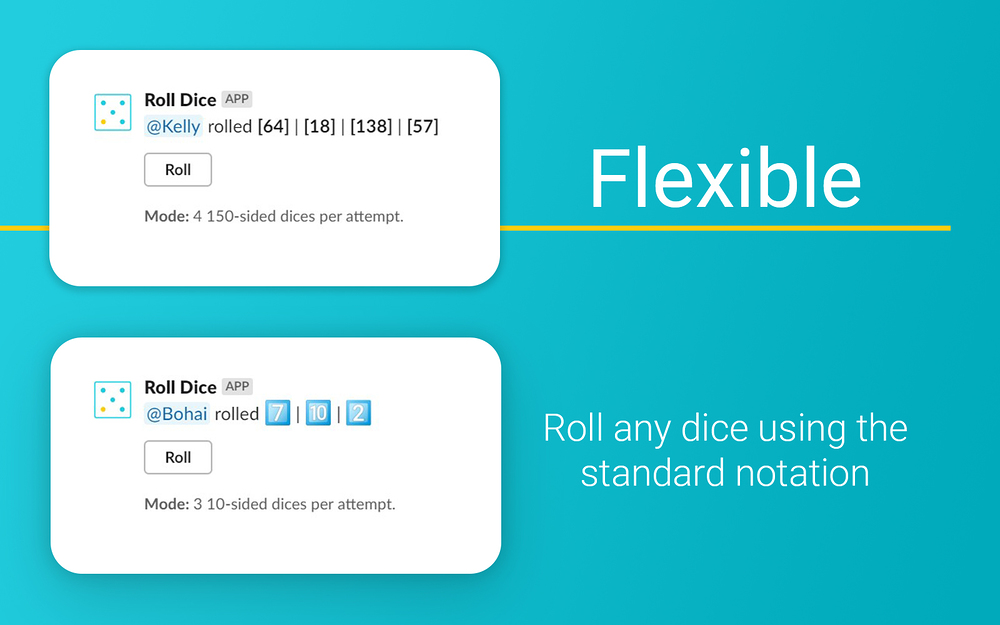 Roll Dice dashboard view — Social & Fun app on the Slack Marketplace
