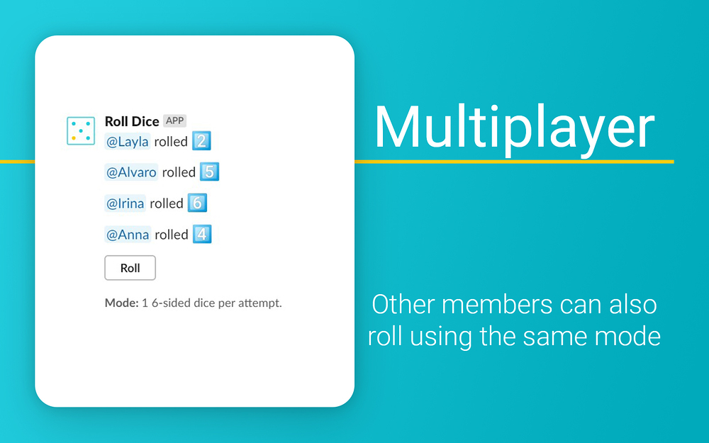 Roll Dice primary marketing image — Social & Fun app on the Slack Marketplace