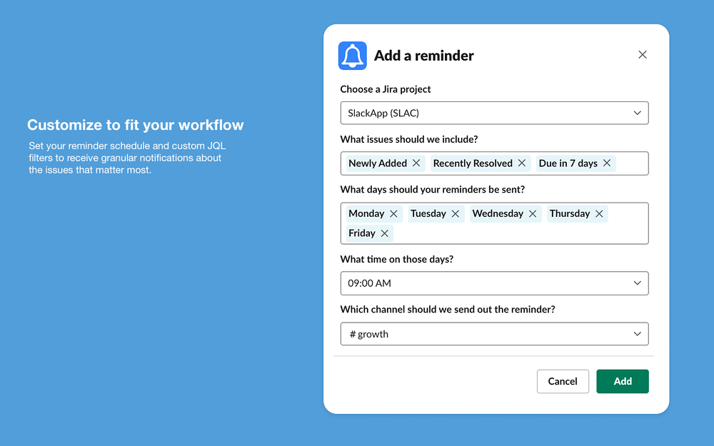 Jira Reminders settings interface — Project Management app on the Slack Marketplace