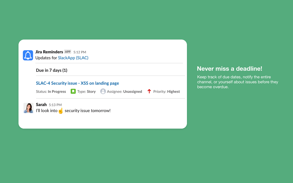 Jira Reminders feature detail — Project Management app on the Slack Marketplace