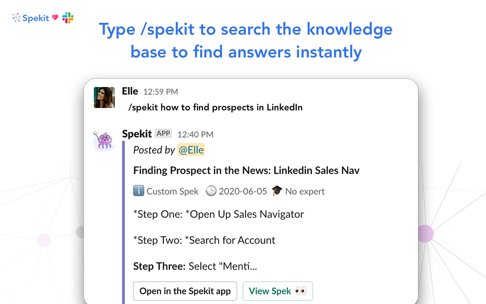 Spekit dashboard view — Sales app on the Slack Marketplace