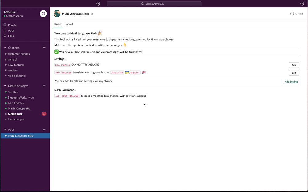 Translate Channels feature detail — Customer Support app on the Slack Marketplace