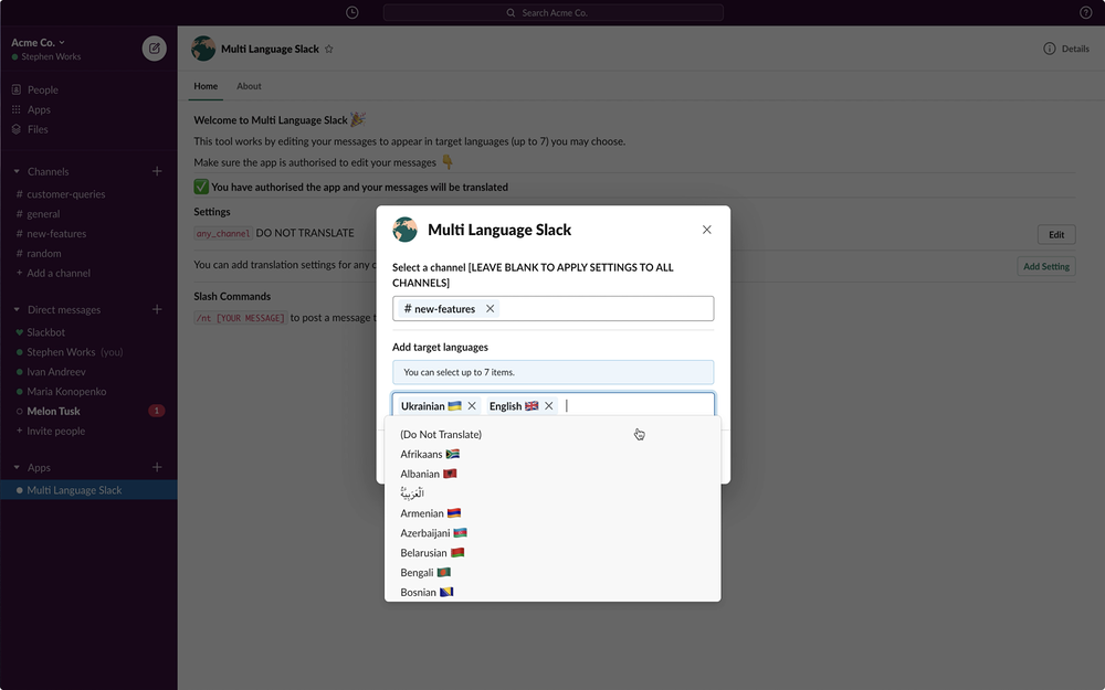 Translate Channels dashboard view — Customer Support app on the Slack Marketplace