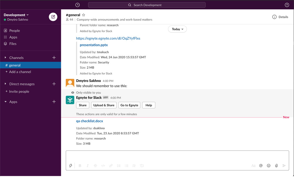 Egnyte dashboard view — File Management app on the Slack Marketplace