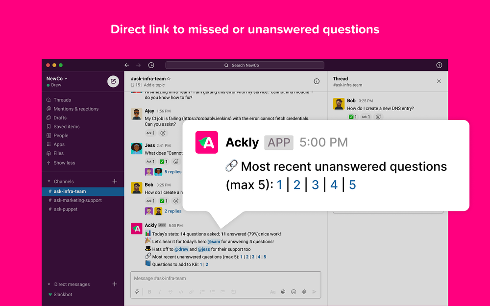 Ackly settings interface — Customer Support app on the Slack Marketplace