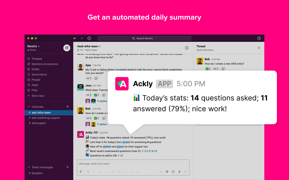 Ackly dashboard view — Customer Support app on the Slack Marketplace