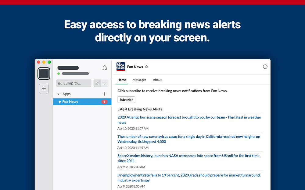 Fox News primary marketing image — Media & News app on the Slack Marketplace