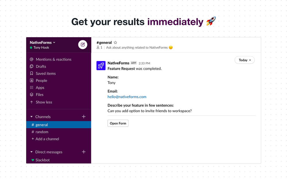 NativeForms dashboard view — Marketing app on the Slack Marketplace