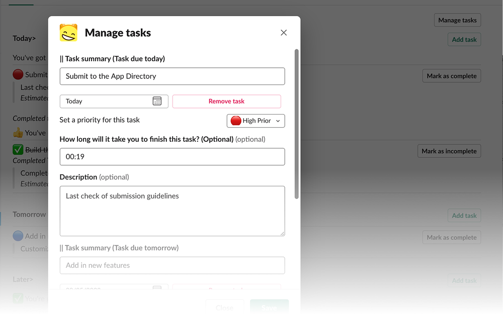 Today> dashboard view — Project Management app on the Slack Marketplace