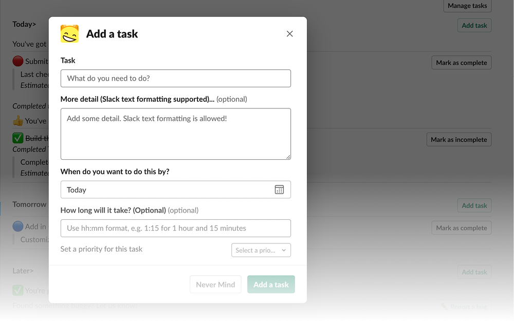 Today> feature detail — Project Management app on the Slack Marketplace