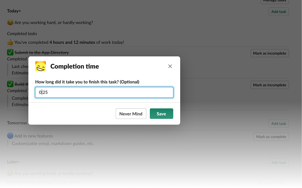 Today> settings interface — Project Management app on the Slack Marketplace