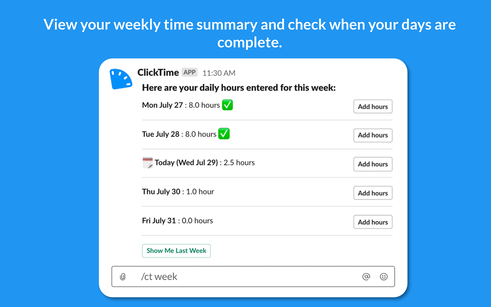 ClickTime dashboard view — Office Management app on the Slack Marketplace