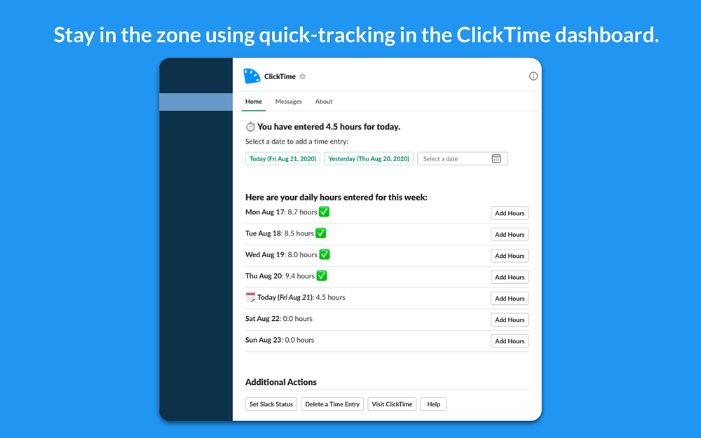 ClickTime settings interface — Office Management app on the Slack Marketplace